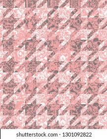 Vector fashionable seamless pattern houndstooth pink and brown  textiles on damask pattern