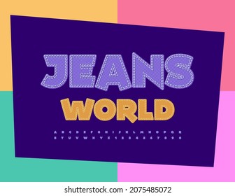 Vector fashionable sign Jeans World. Creative Alphabet Letters and Numbers set. Modern purple Font