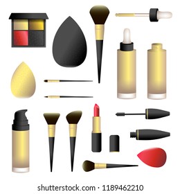 Vector fasion set. Makeup tools: blush, brow, powder brushes; dropped bottles of foundation; shadow palette, lipstick, volume mascara, droblet sponge. Red, gold, black colors