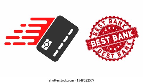 Vector fast banking card icon and corroded round stamp seal with Best Bank caption. Flat fast banking card icon is isolated on a white background.