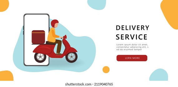Vector fast delivery by red scooter on mobile and man. E-commerce concept. Service online food order  for shop , web