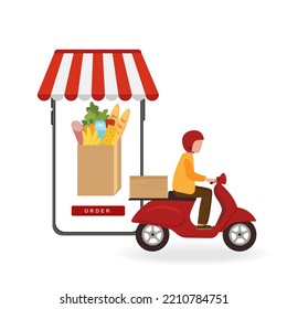 Vector fast delivery by red scooter on mobile and man. E-commerce concept. Service online food order  for shop , web
