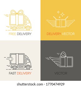 Vector fast delivery service logo design elements in linear style. Set of flat trucks and the parcels ship in boxes of different colors. Vector illustration.