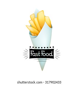 Vector fast food background - fry potatoes in paper cone and fast food emblem. EPS10 illustration. 