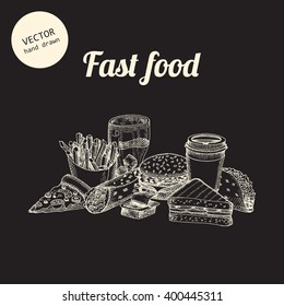 Vector fast food background. Hand drawn sketch art style. Can use in cover, poster, label, banner, menu in restaurant or cafe.