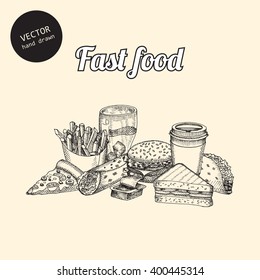Vector fast food background. Hand drawn sketch art style. Can use in cover, poster, label, banner, menu in restaurant or cafe.