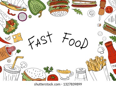 Vector fast food background, top view on white background with space for text. Hand drawn fast food collection