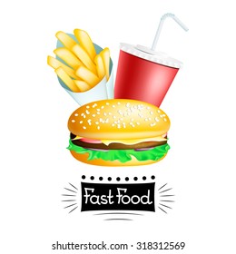 Vector fast food banner with hamburger, french potatoes in cone and drink isolated on white. EPS 10 illustration