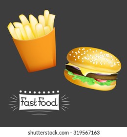 Vector fast food banner with hamburger and french potatoes. EPS 10 illustration