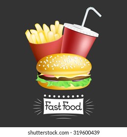 Vector fast food banner with hamburger, french potatoes and drink isolated on white. EPS 10 illustration