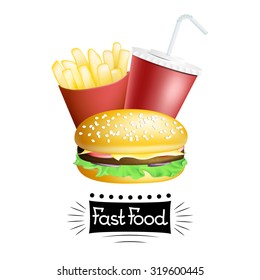 Vector fast food banner with hamburger, french potatoes and drink isolated on white. EPS 10 illustration