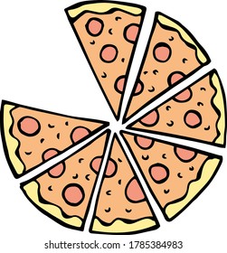 
vector fast food big round pizza with sausage without one piece hand drawn in the style of doodle colored