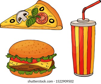 Vector fast food: burger, cola cup with straw, slice of pizza. Sketch hand drawn isolated illustration on a white background. 