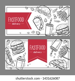Vector fast food business cards design in hand drawn flat line doodle style. Food delivery: burger, french fries, hamburger, pizza, hot dog, taco, coffee. Template with place for text.