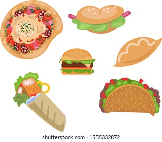 Vector fast food cartoon snacks hot dog hamburger sandwich pizza roll taco bakery cake  colorful set