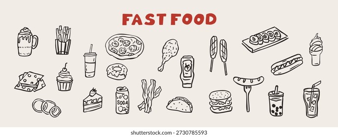 Coleção de fast-food vetorial. Rabiscos desenhados à mão