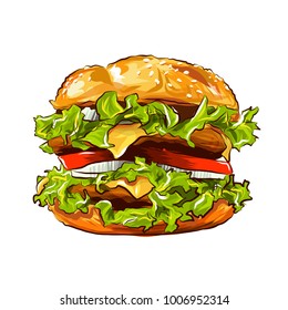 Vector Fast Food Hamburger Classic Burger American Cheeseburger with Lettuce Tomato Onion Cheese Beef and Sauce isolated on white Background