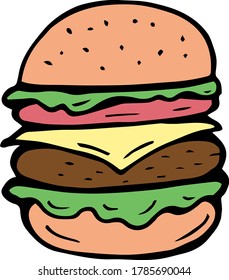 
mano de hamburguesa de comida rápida vector dibujada al estilo de doodle coloreado