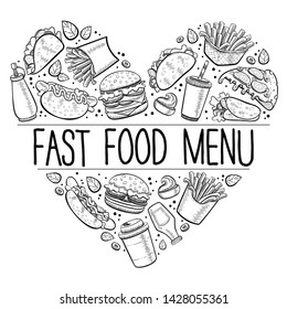 Vector fast food in hand drawn flat line doodle style. Heart shape design made from burger, french fries, hamburger, pizza, hot dog, taco, coffee. Template with place for text.