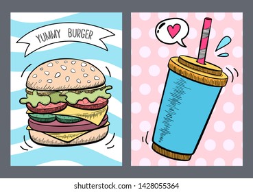 Vector fast food in hand drawn retro flat style. Color design in the style of pop art: burger and soda, cold drink. Template with place for text. Poster, sticker, print, cover with food.
