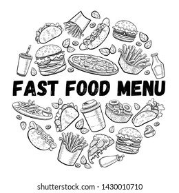 Vector fast food in hand drawn flat line doodle style. Round design of burger, french fries, hamburger, pizza, hot dog, taco, coffee. Template with place for text.