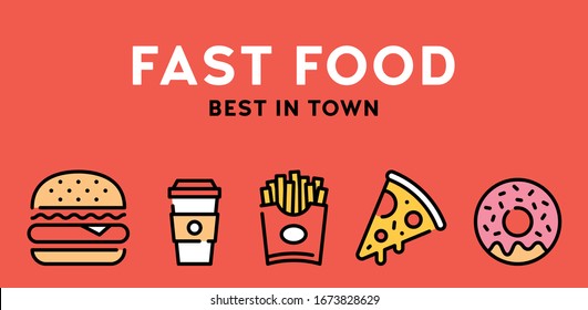 Vector fast food icon illustration. Street menu logo symbol collection. Flat take away banner in line style. Simple design for cafe, delivery, restaurant, stall, bar. Best in town concept