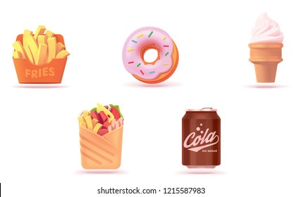 Vector fast food icon set. Includes illustrations of French fries or fried potato, donut, ice cream cone, burrito and soda can