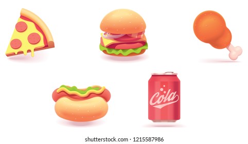 Vector fast food icon set. Includes illustrations of pizza slice, burger, fried chicken, hot dog and soda can