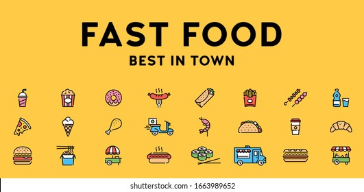 Vector fast food icon set. Street menu logo symbol collection. Flat take away pictogram illustration in line style. Simple signs for cafe, delivery, restaurant, stall, bar