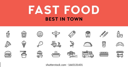 Vector fast food icon set. Junk menu logo symbol collection. Modern signs for cafe, delivery, restaurant, stall, bar. Flat take away pictogram illustration in line style