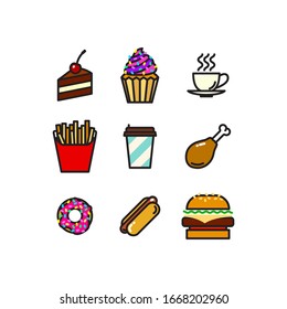 Vector fast food icon set. Flat illustration of fast food icon set isolated on white background. Icon vector illustration sign symbol.