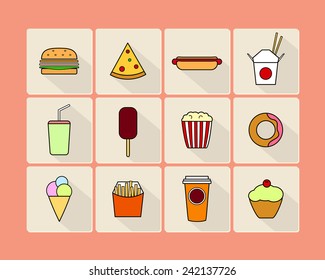 Vector fast food icon set. Stylized images of burger, hotdog, donut, french fries and other fast food types. Square layouts, rounded corners, thin outlines, bright colors. Minimalist design style.
