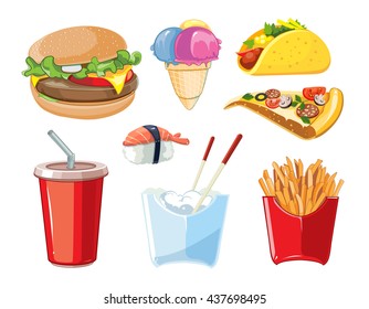 vector fast food icon set. Burger, plastic glass with cold drink, French fries, ice cream, tacos, sushi, pizza. Pictures isolate on white background