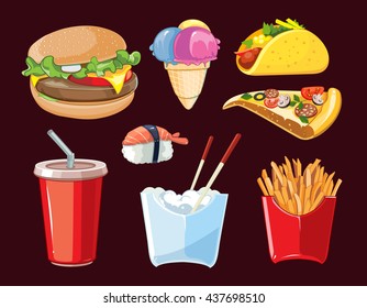 vector fast food icon set. Burger, plastic glass with cold drink, French fries, ice cream, tacos, sushi, pizza. Pictures isolate on dark background