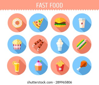 Vector fast food  icons collection in flat style on white background. Menu icons for cafe or restaurant.