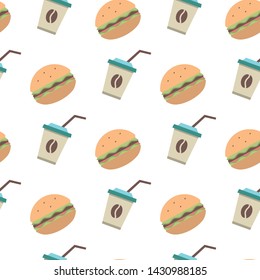 Vector fast food icons seamless pattern ,sign,symbol,pictogram in flat style isolated on a white background.Drink burger,hot cup coffee