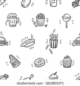 Vector Fast Food Icons Seamless Pattern. Hand Drawn Doodle Unhealthy Street Food Repeat Background.