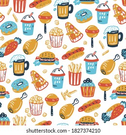 Vector Fast Food Icons Seamless Pattern. Doodle Unhealthy Street Food