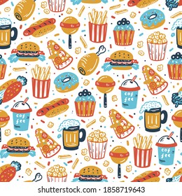 Vector Fast Food Icons Seamless Pattern. Repeat Colorful Background of Doodle Unhealthy Street Food 