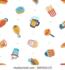 Vector Fast Food Icons Seamless Pattern. Colorful Background of Doodle Unhealthy Street Food 