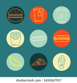 Vector fast food icons set ,sign,symbol,pictogram in outline style isolated on a circlebackground.Drink,ice cream,gamburger,hot dog,pita,tea,cup,pizza,fries thin line
