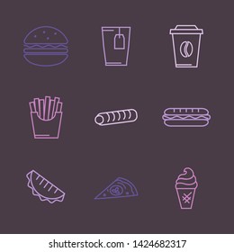 Vector fast food icons set, sign, symbol, pictogram in outline style isolated on a purple background. Drink, ice cream, hamburger, hot dog, pita, tea, cup, pizza, fries thin line