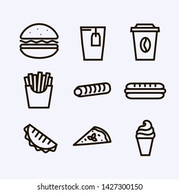 Vector fast food icons set ,sign,symbol,pictogram in outline style isolated on a white background.Drink,ice cream,gamburger,hot dog,pita,tea,cup,pizza,fries thin line