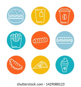 Vector fast food icons set ,sign,symbol,pictogram in outline style isolated on a white   in circle background.Drink,ice cream,gamburger,hot dog,pita,tea,cup,pizza,fries thin line