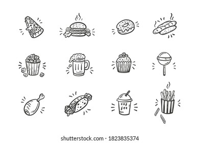 Vector Fast Food Icons Set. Hand Drawn Doodle Unhealthy Street Food Collection.