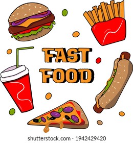 vector fast food illustration: french fries, cola, burger, hot dog, pizza