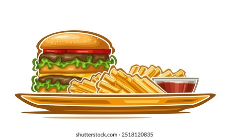 Vetor Fast Food ilustração, cartaz horizontal com desenho animado composição de hambúrguer grande, fritas fritas assadas douradas e tigela de mergulho no prato, cartaz decorativo para fast food no fundo branco