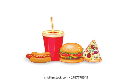 Vector fast food illustration on white isolated background. Pizza, chisburger, hot dog and drink. Street fast food lunch or breakfast meal set. EPS 10.