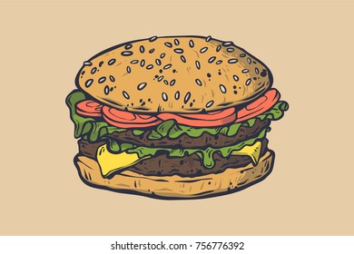 Vector fast food illustration. Retro hand drawn burger sign. Fast food icon. Fast food emblem. Burger bar sign. Burger bistro logo. Good for leaflets, cards, posters, prints, menu,