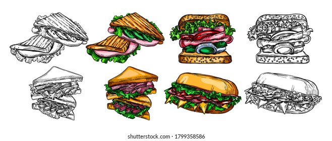 Vector fast food illustrations in the style of the sketch. Burgers, pizza, sandwiches, fries, burgers. High-quality detailed drawing of elements.